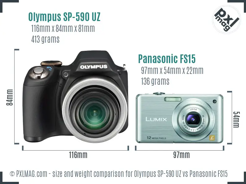 Olympus SP-590 UZ vs Panasonic FS15 size comparison
