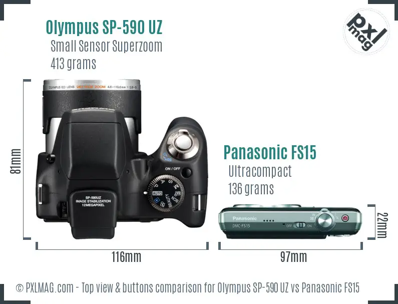 Olympus SP-590 UZ vs Panasonic FS15 top view buttons comparison