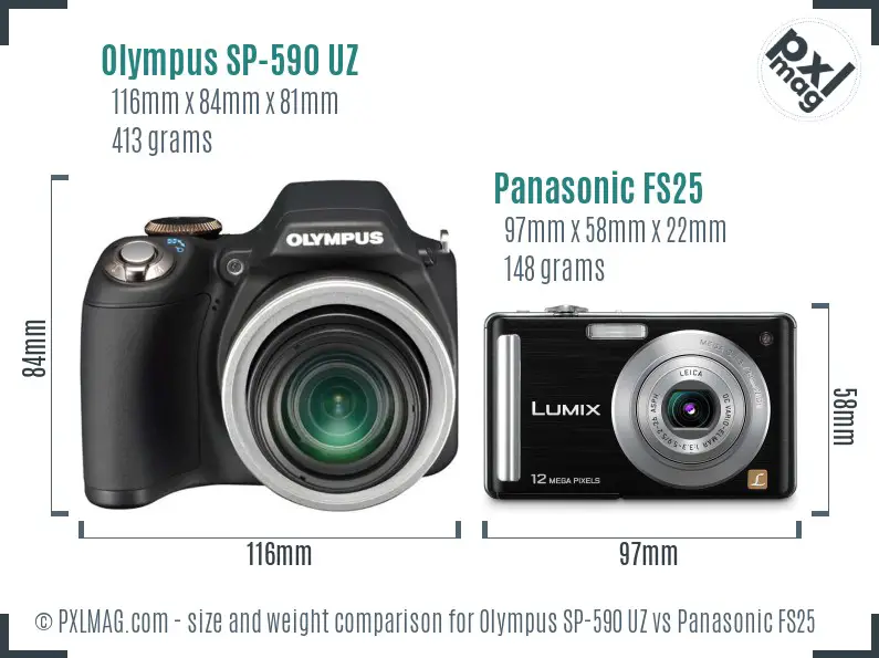 Olympus SP-590 UZ vs Panasonic FS25 size comparison