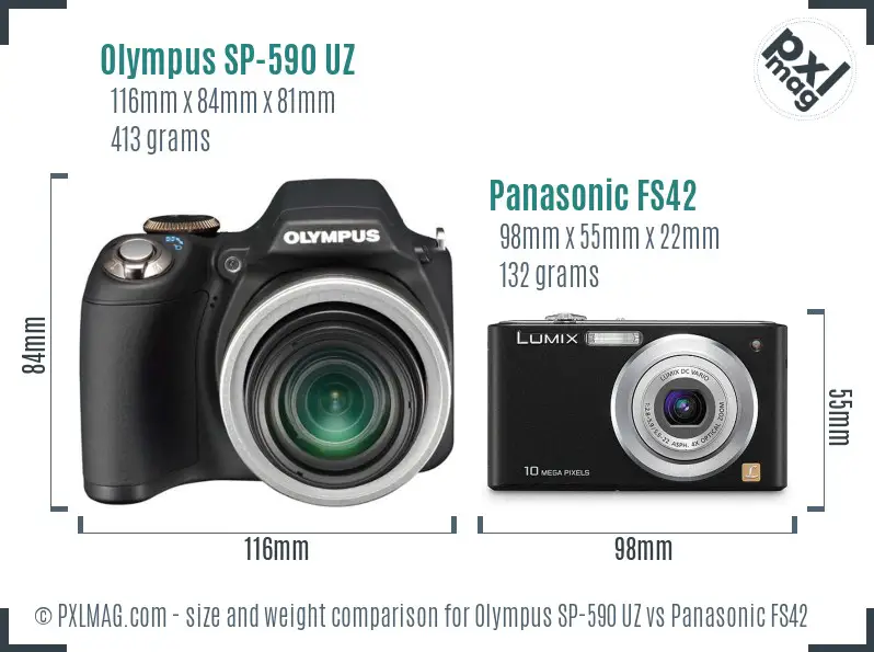 Olympus SP-590 UZ vs Panasonic FS42 size comparison