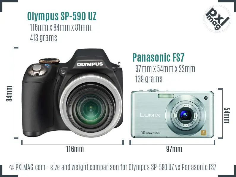 Olympus SP-590 UZ vs Panasonic FS7 size comparison