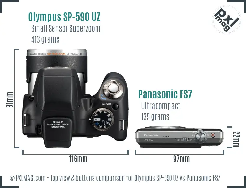 Olympus SP-590 UZ vs Panasonic FS7 top view buttons comparison