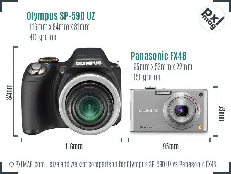 Olympus SP-590 UZ vs Panasonic FX48 size comparison