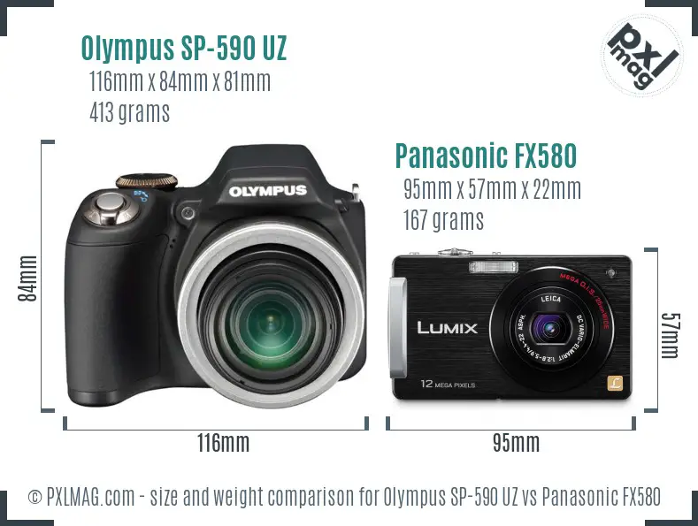 Olympus SP-590 UZ vs Panasonic FX580 size comparison