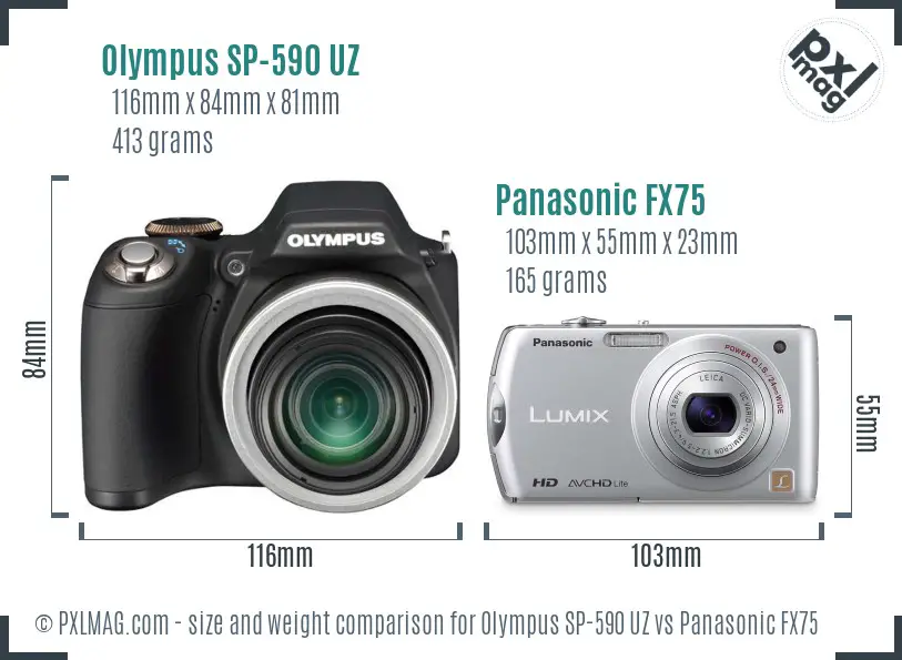 Olympus SP-590 UZ vs Panasonic FX75 size comparison