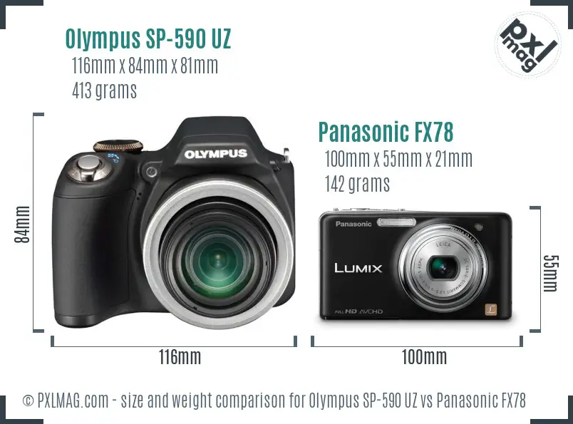 Olympus SP-590 UZ vs Panasonic FX78 size comparison