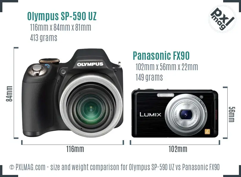 Olympus SP-590 UZ vs Panasonic FX90 size comparison