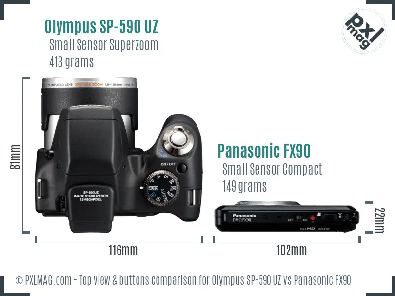 Olympus SP-590 UZ vs Panasonic FX90 top view buttons comparison