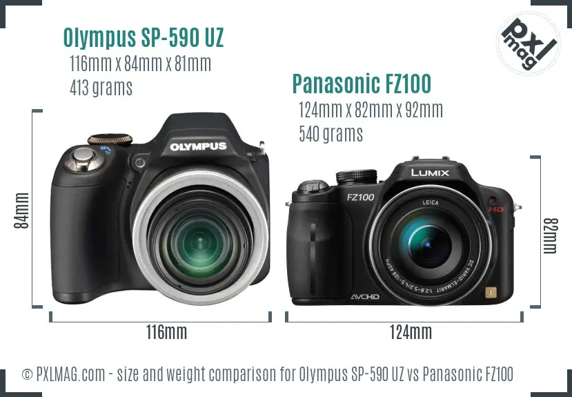 Olympus SP-590 UZ vs Panasonic FZ100 size comparison