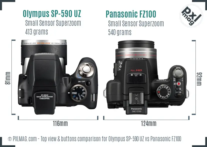 Olympus SP-590 UZ vs Panasonic FZ100 top view buttons comparison