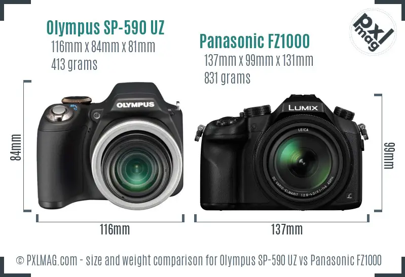 Olympus SP-590 UZ vs Panasonic FZ1000 size comparison