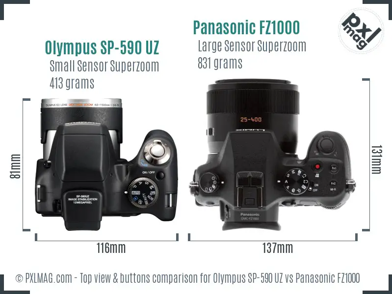 Olympus SP-590 UZ vs Panasonic FZ1000 top view buttons comparison