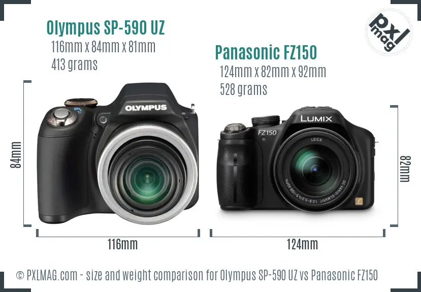 Olympus SP-590 UZ vs Panasonic FZ150 size comparison