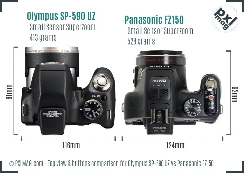Olympus SP-590 UZ vs Panasonic FZ150 top view buttons comparison