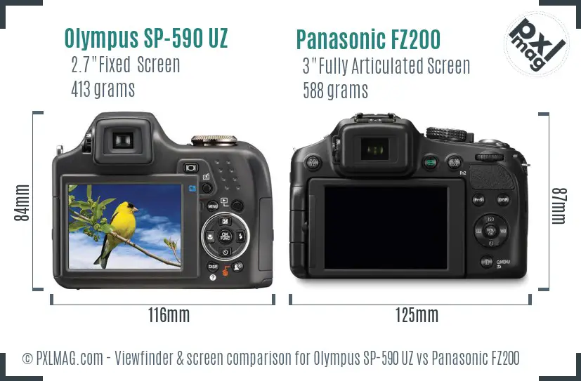 Olympus SP-590 UZ vs Panasonic FZ200 Screen and Viewfinder comparison