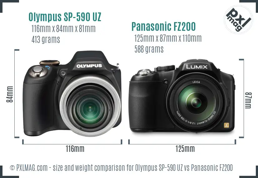 Olympus SP-590 UZ vs Panasonic FZ200 size comparison