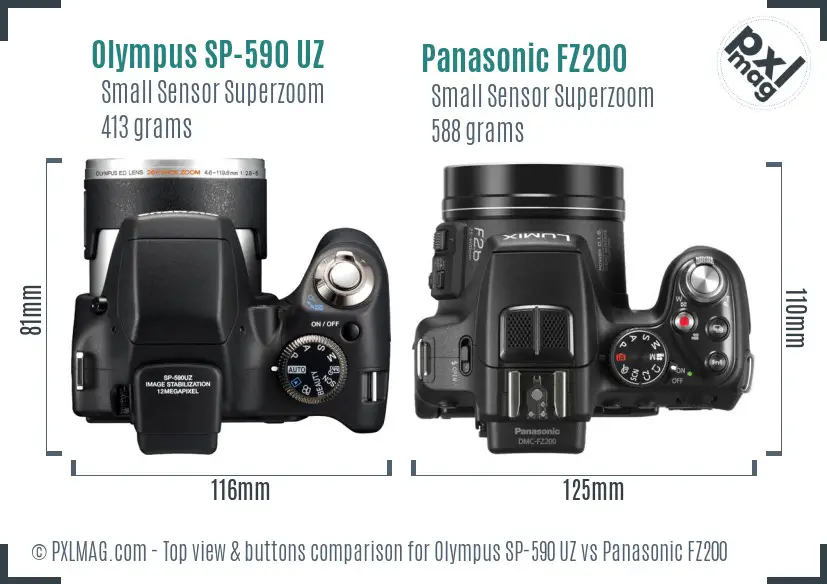 Olympus SP-590 UZ vs Panasonic FZ200 top view buttons comparison
