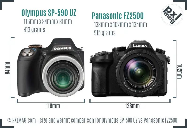 Olympus SP-590 UZ vs Panasonic FZ2500 size comparison