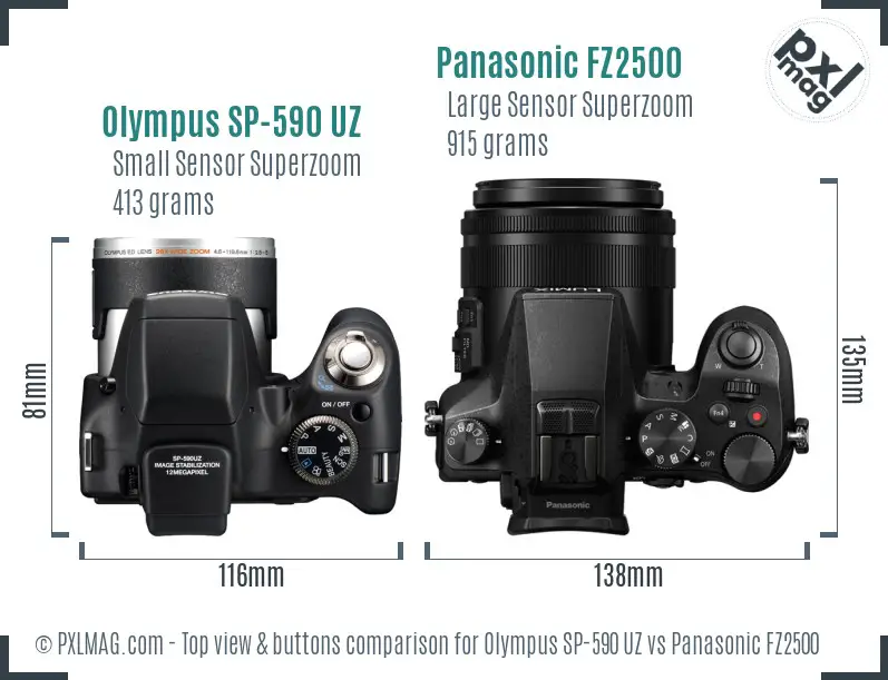 Olympus SP-590 UZ vs Panasonic FZ2500 top view buttons comparison