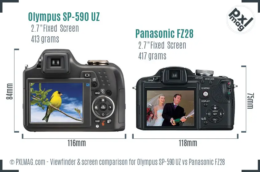 Olympus SP-590 UZ vs Panasonic FZ28 Screen and Viewfinder comparison