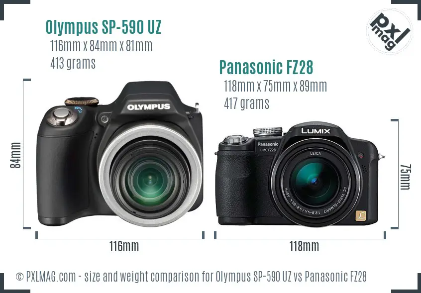 Olympus SP-590 UZ vs Panasonic FZ28 size comparison