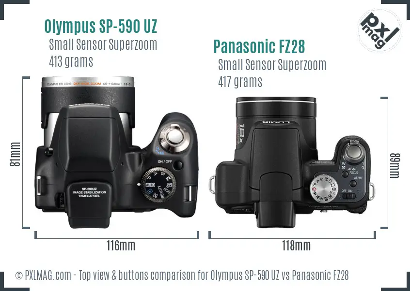 Olympus SP-590 UZ vs Panasonic FZ28 top view buttons comparison