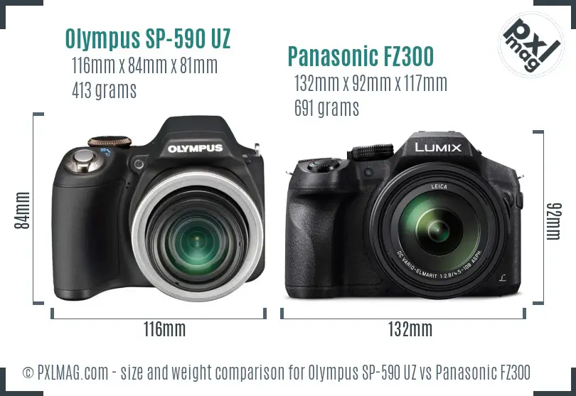 Olympus SP-590 UZ vs Panasonic FZ300 size comparison