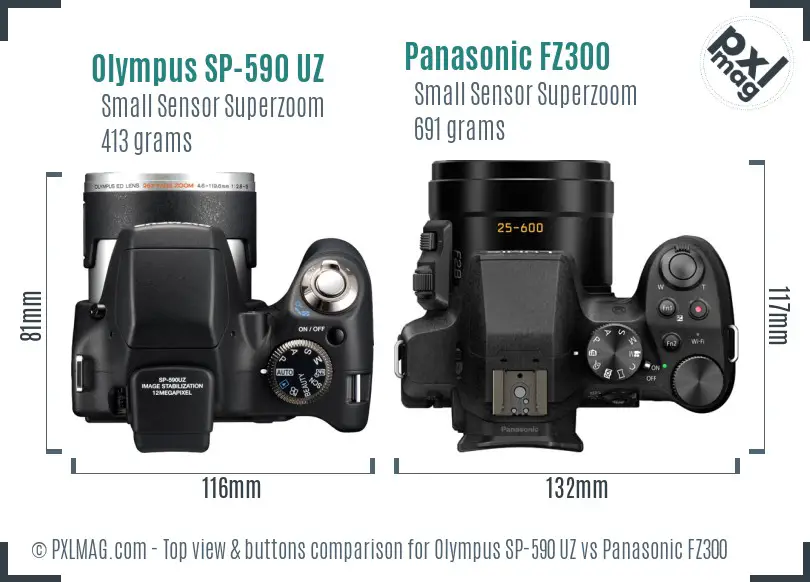Olympus SP-590 UZ vs Panasonic FZ300 top view buttons comparison