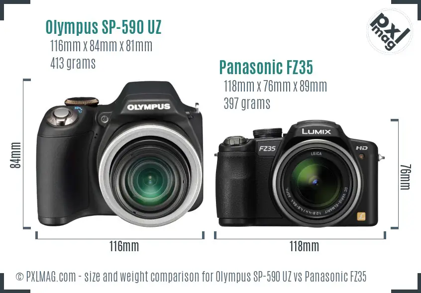 Olympus SP-590 UZ vs Panasonic FZ35 size comparison