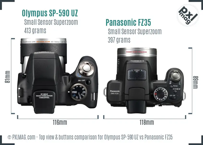 Olympus SP-590 UZ vs Panasonic FZ35 top view buttons comparison