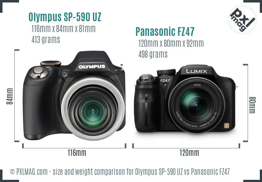 Olympus SP-590 UZ vs Panasonic FZ47 size comparison