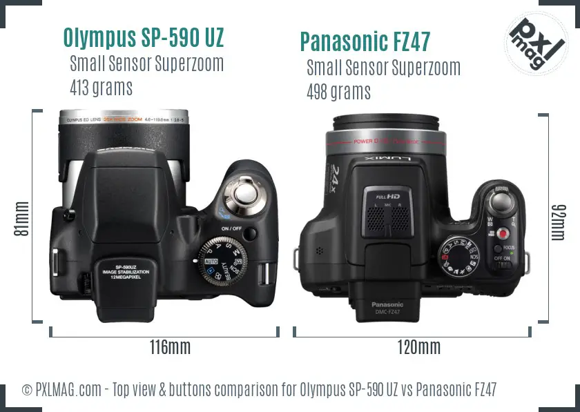 Olympus SP-590 UZ vs Panasonic FZ47 top view buttons comparison