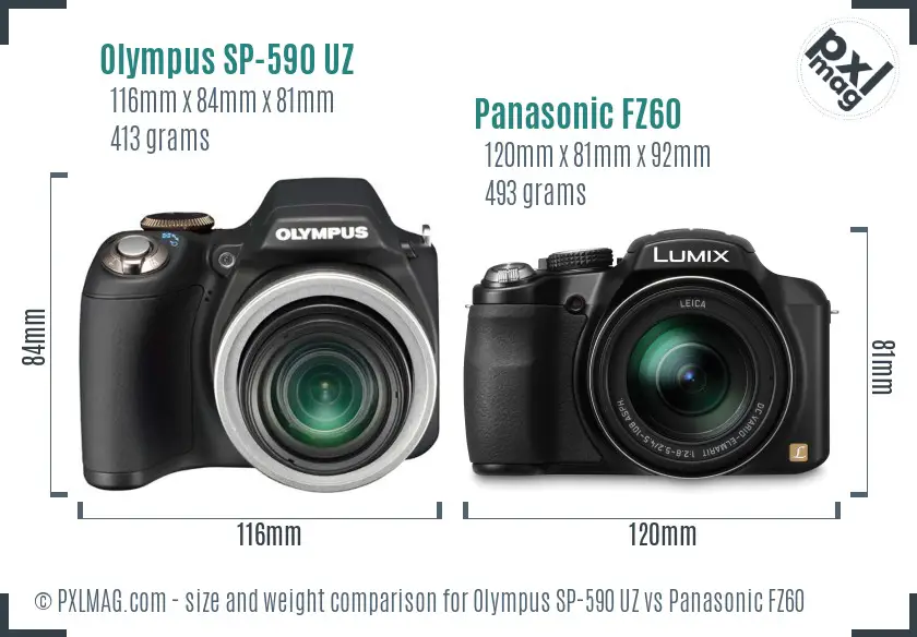 Olympus SP-590 UZ vs Panasonic FZ60 size comparison