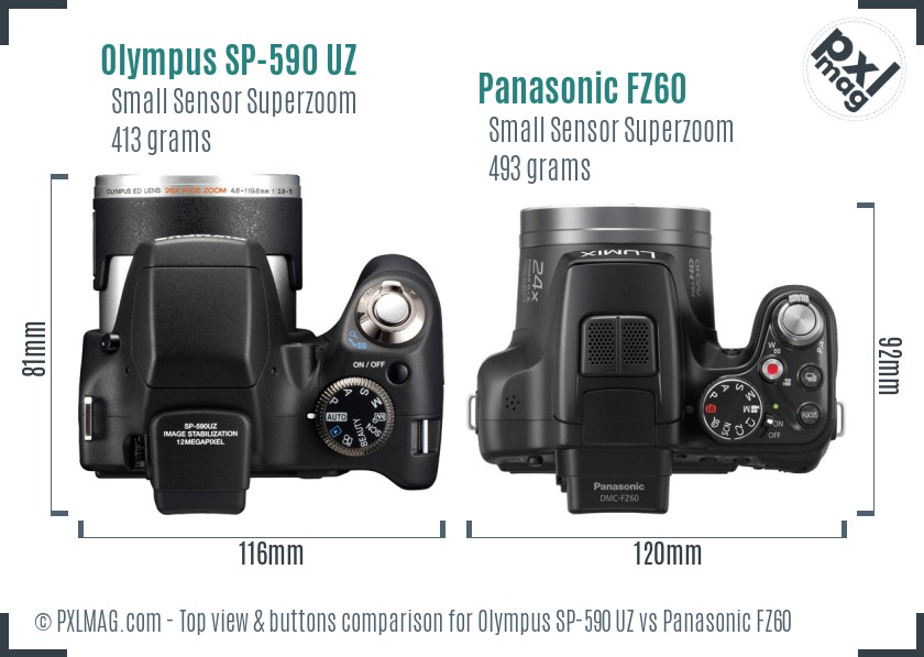 Olympus SP-590 UZ vs Panasonic FZ60 top view buttons comparison