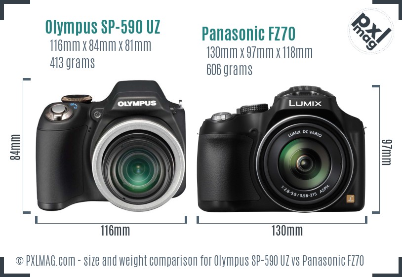 Olympus SP-590 UZ vs Panasonic FZ70 size comparison