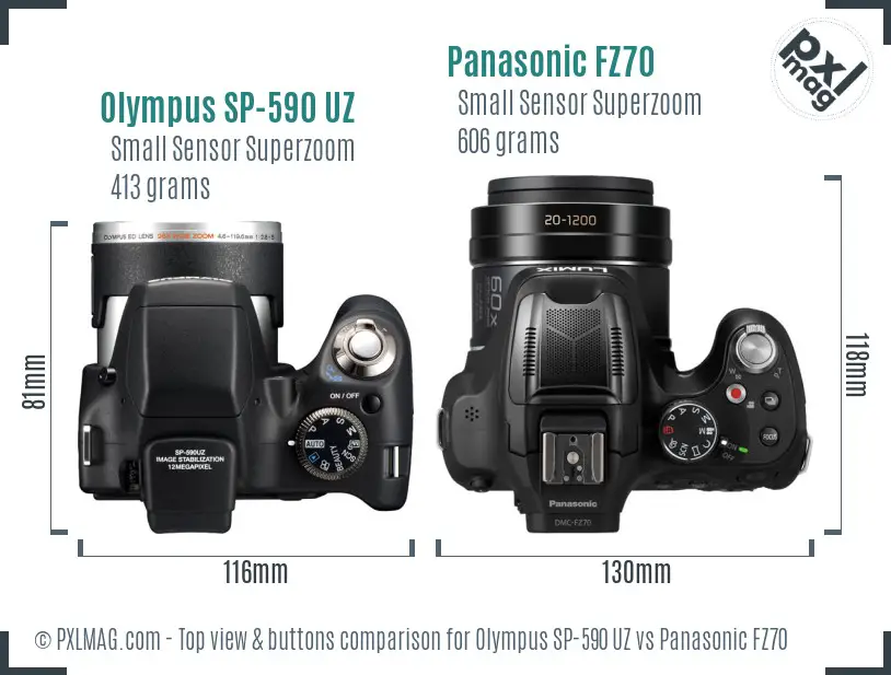Olympus SP-590 UZ vs Panasonic FZ70 top view buttons comparison