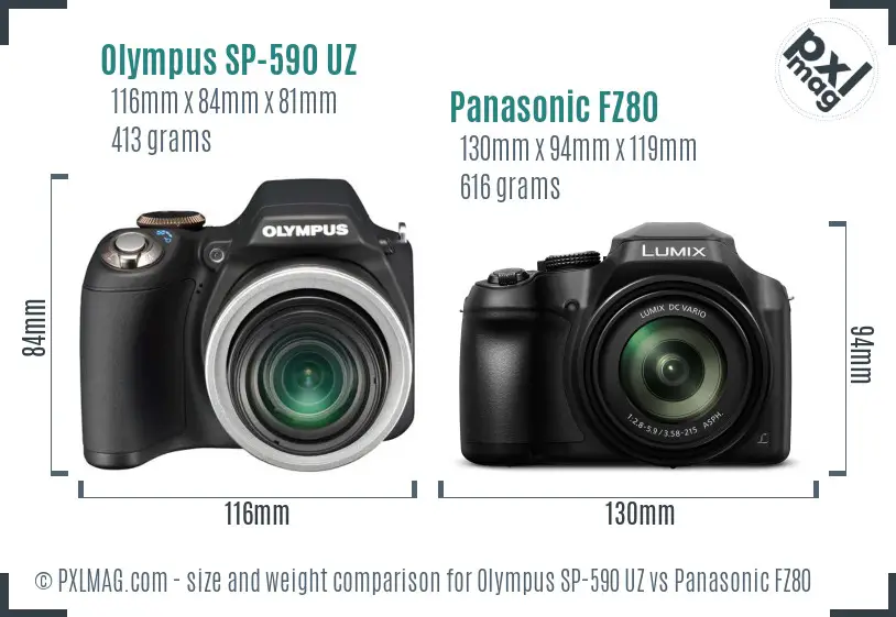 Olympus SP-590 UZ vs Panasonic FZ80 size comparison