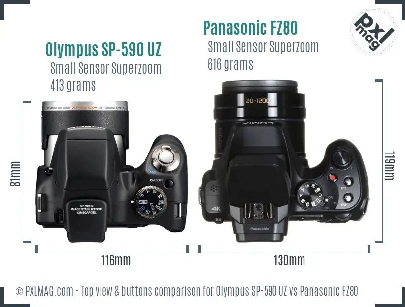 Olympus SP-590 UZ vs Panasonic FZ80 top view buttons comparison