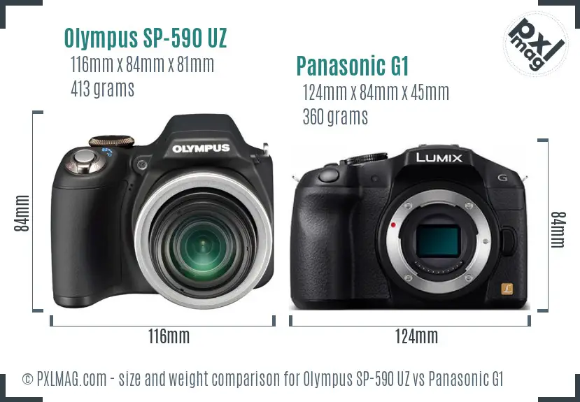Olympus SP-590 UZ vs Panasonic G1 size comparison