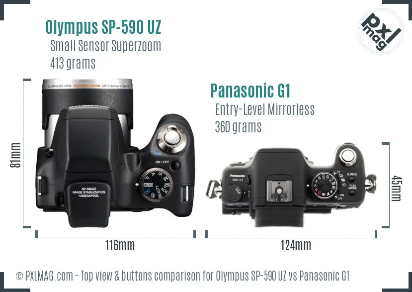 Olympus SP-590 UZ vs Panasonic G1 top view buttons comparison
