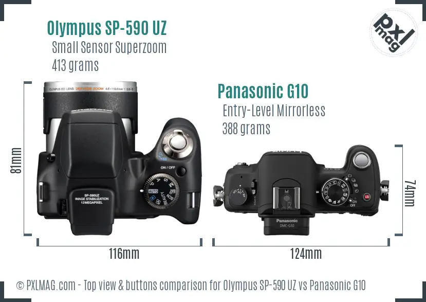 Olympus SP-590 UZ vs Panasonic G10 top view buttons comparison