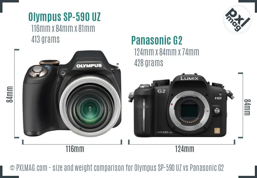 Olympus SP-590 UZ vs Panasonic G2 size comparison
