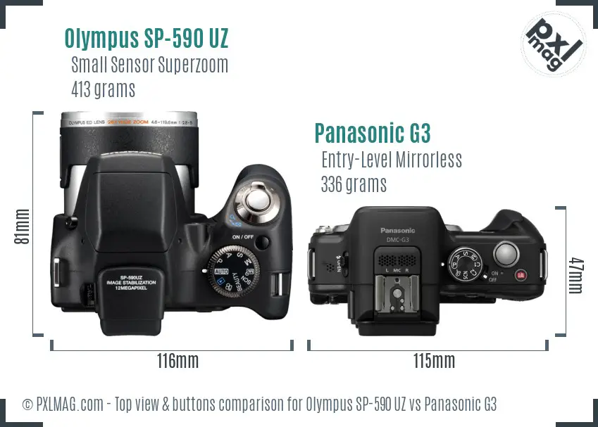Olympus SP-590 UZ vs Panasonic G3 top view buttons comparison