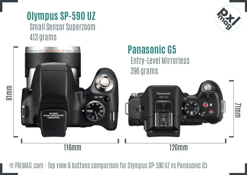 Olympus SP-590 UZ vs Panasonic G5 top view buttons comparison