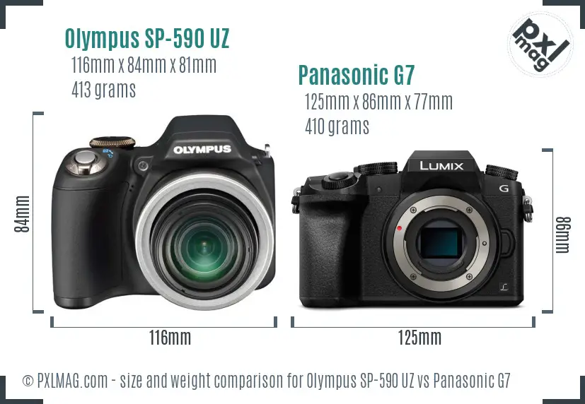 Olympus SP-590 UZ vs Panasonic G7 size comparison
