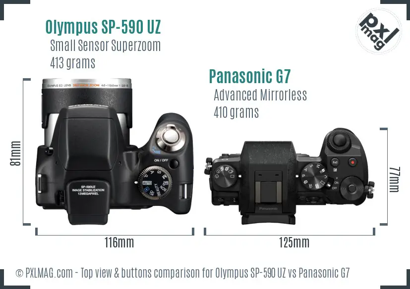 Olympus SP-590 UZ vs Panasonic G7 top view buttons comparison