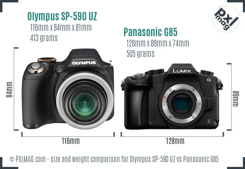 Olympus SP-590 UZ vs Panasonic G85 size comparison