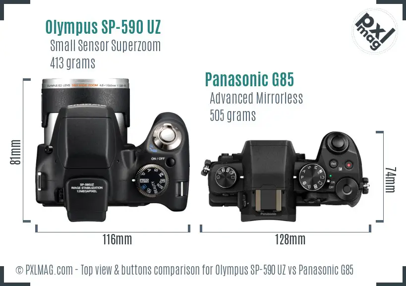 Olympus SP-590 UZ vs Panasonic G85 top view buttons comparison
