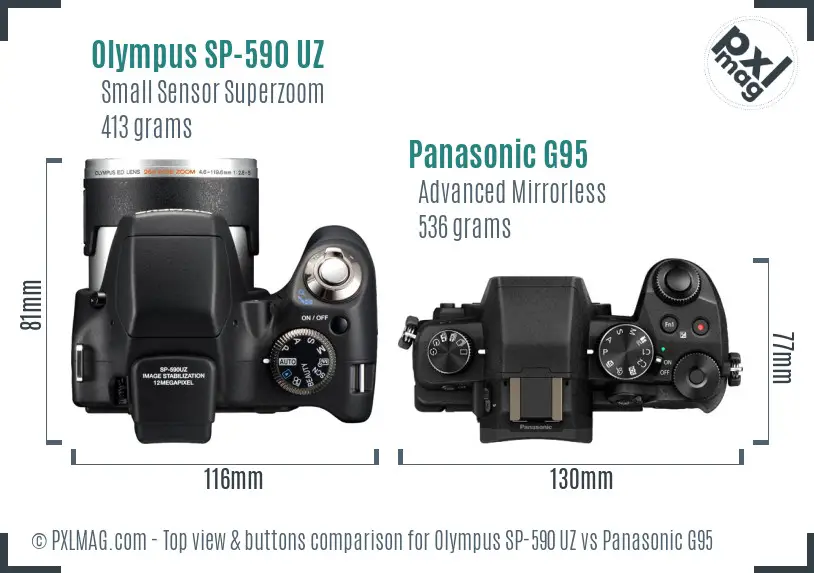 Olympus SP-590 UZ vs Panasonic G95 top view buttons comparison