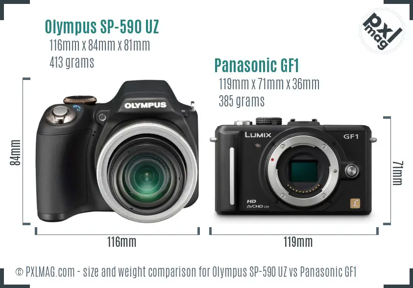 Olympus SP-590 UZ vs Panasonic GF1 size comparison